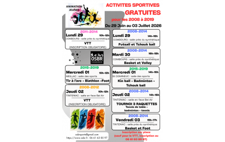 ACTIVITES GRATUITES DU 29 JUIN AU 3 JUILLET